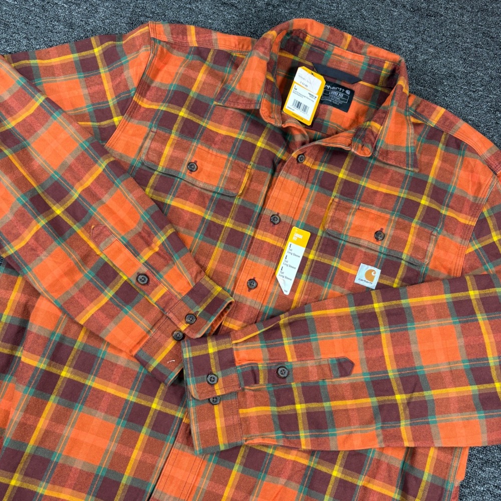 Carhartt Flannel Shirt Mens L Tall Orange Plaid Heavyweight Loose Fit TW4451 NEW